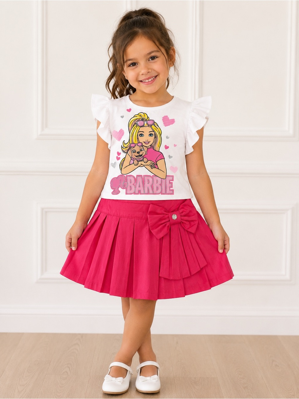 Barbie Girls White Graphic Tee & Hot Pink Skirt Set
